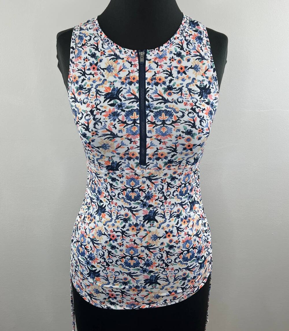 ATHLETA White Blue Partial Zip Sleeveless Barbados Side Scrunch Tank Sz XXS